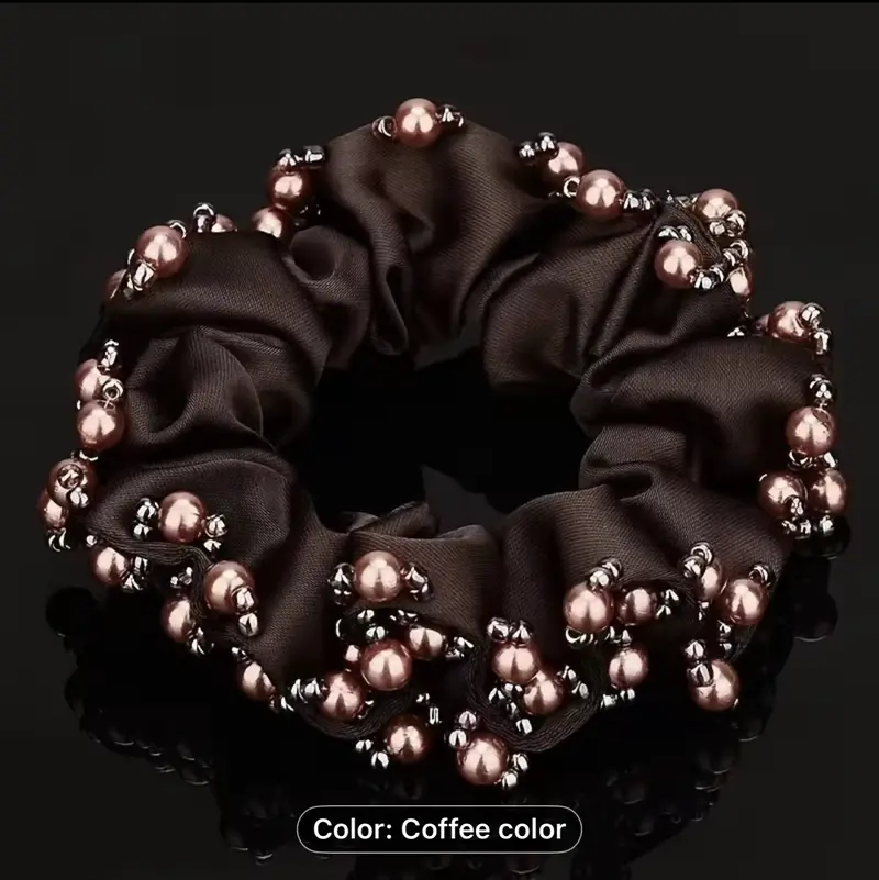 Coffee Brown Pearl Hair Accessory – Soft Velvet Scrunchy 1