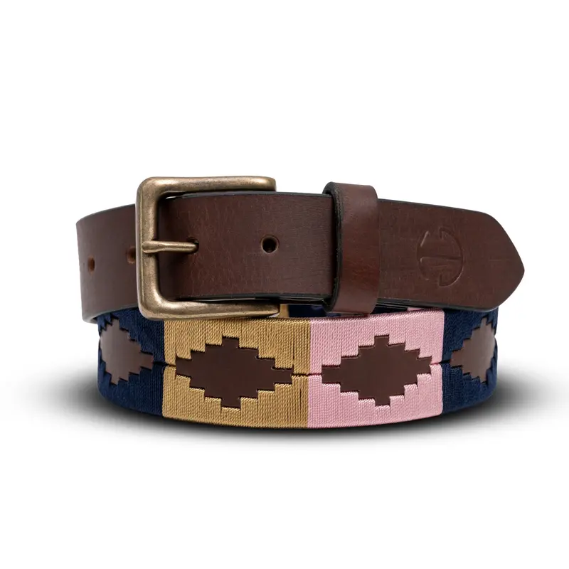El Mercado Navy Polo Belt With Antique Gold And Pink-Brown Leather Accents 1