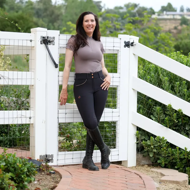 Evolution Full-Seat Breeches – Black Base With Rose Gold Accent Paneling 1