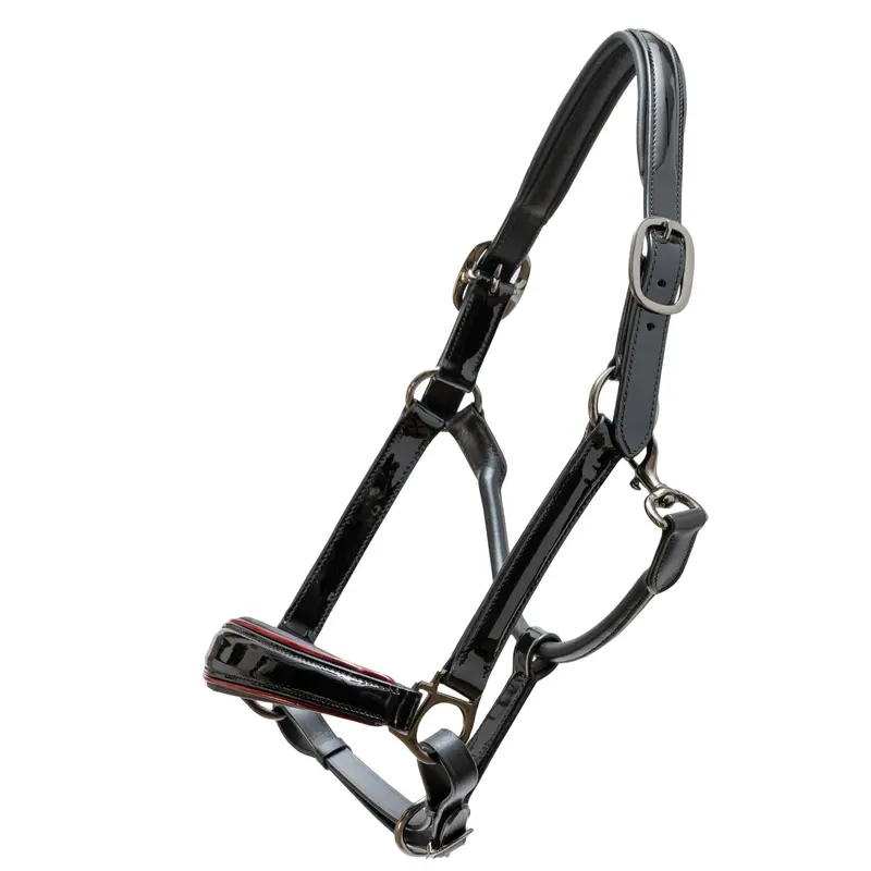 Hayworth Burgundy-Piped Black Patent Leather Halter 1