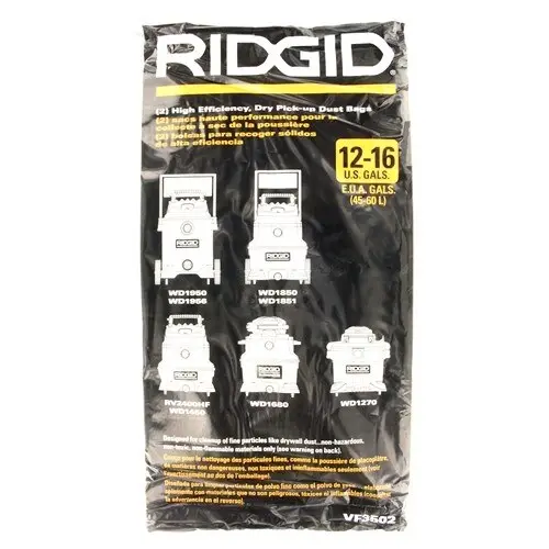 Ridgid Vf3502 High-Efficiency Dust Filter Bags — Pack Of 2, Fits 12–16 Gallon Vacuums (Model 23743) 1